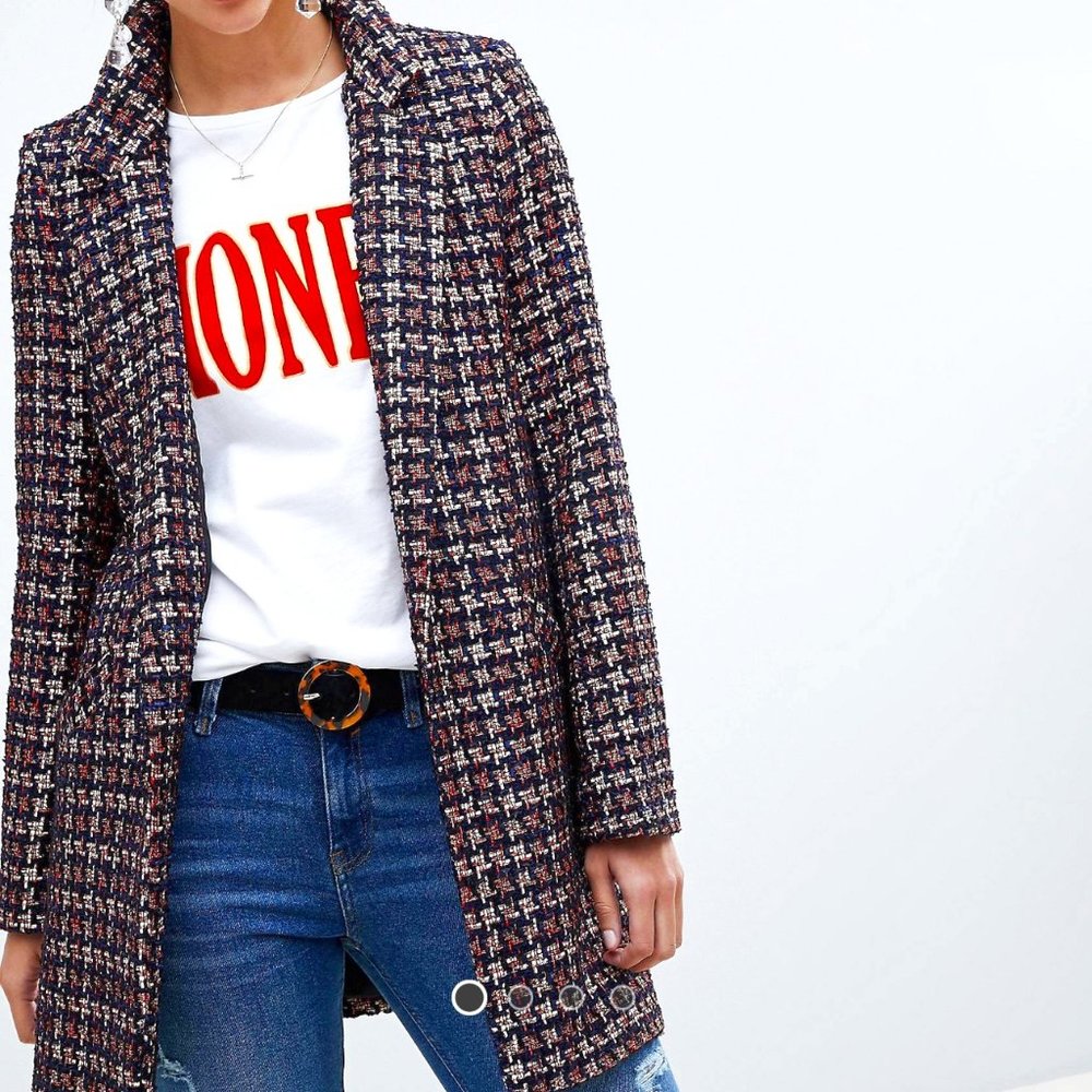 River Island Checkered Coat in Red and Blue